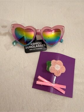 Pink Heart-Shaped Rainbow Lens Sunglasses + Hair clips